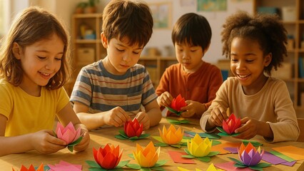 Four young pupils, including caucasian and african american kids, are happily engaged in making vibrant origami lotus flowers during an art class at their elementary school