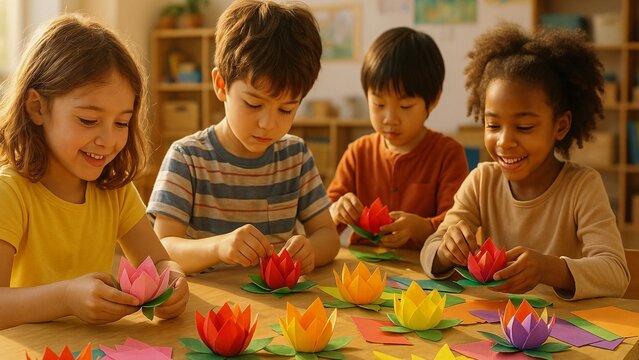 Four young pupils, including caucasian and african american kids, are happily engaged in making vibrant origami lotus flowers during an art class at their elementary school