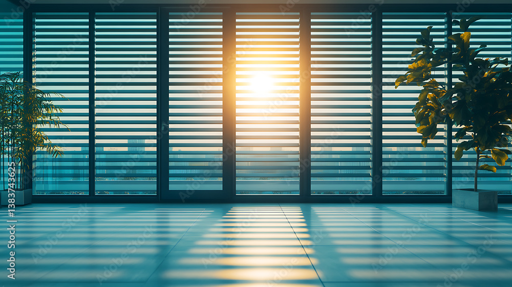 Poster under-exposure view of a window with shutter in a living room, aluminium louver stripe pattern sunbl