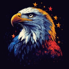 Majestic eagle portrait featuring bold colors and stars in a dynamic artistic design
