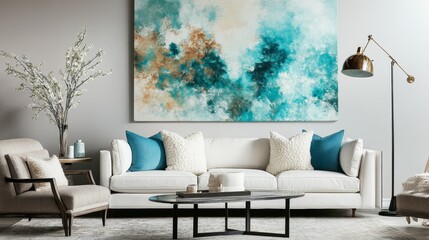 Modern living room decor with abstract art cozy home interior design contemporary style wide angle relaxing atmosphere