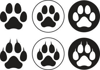 Fototapeta premium Dog footprint vectors icons set flat styles. Modern paw print symbols for animal zoo, vet logo elements apps and websites isolated on transparent background. Representing pet and animals illustration.