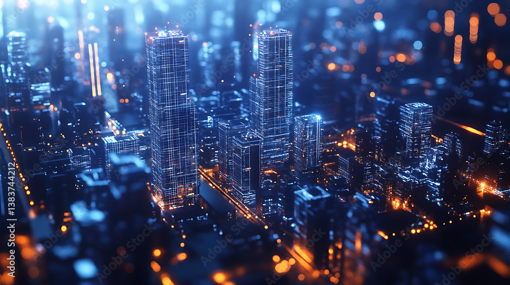 Poster urban network in the net of buildings under blue light