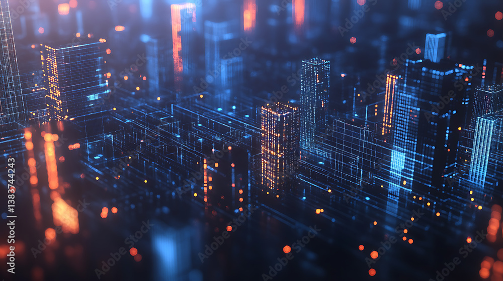 Poster urban network in the net of buildings under blue light