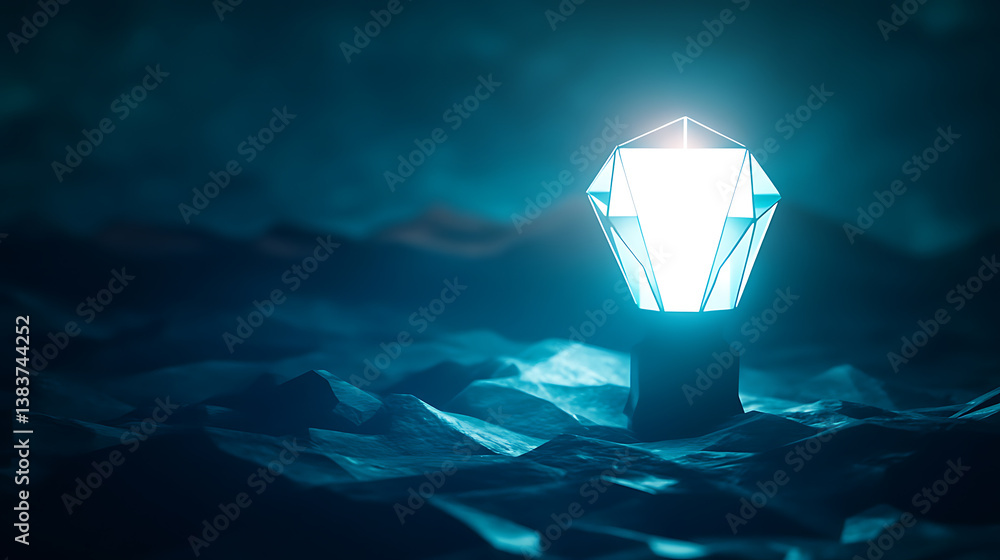 Poster Using polygonal lines to create a bright light in an incandescent lamp on a dark background represents creativity, innovation, and technology