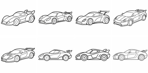 Speedy Racing Car Outline Vector Set – Line Art Drawing for Coloring Book Page on White Background


