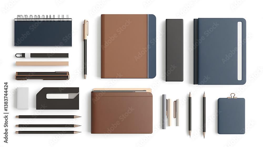 Poster various folders and stationery set isolated on white background