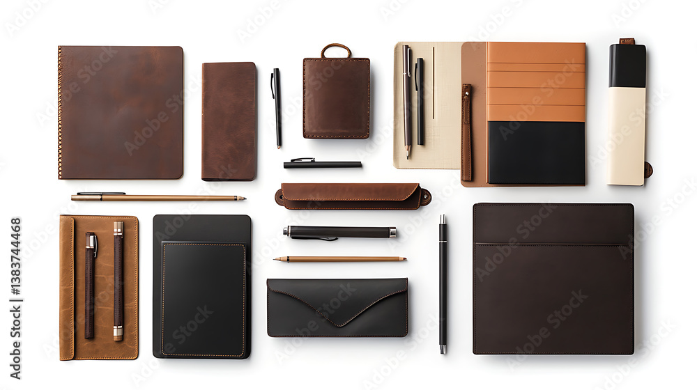 Poster various folders and stationery set isolated on white background