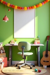 Sunny composition of kid’s room interior with mock up poster frame, gray desk, green chair, plush toys, guitar, garland on wall, rug, wooden block and personal accessories.