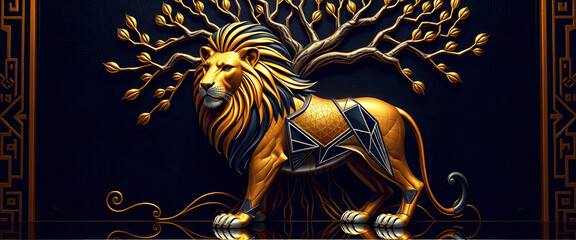 Hyper-Realistic Art Deco Lion & Tree – Stunning High-Definition Artwork, No 238