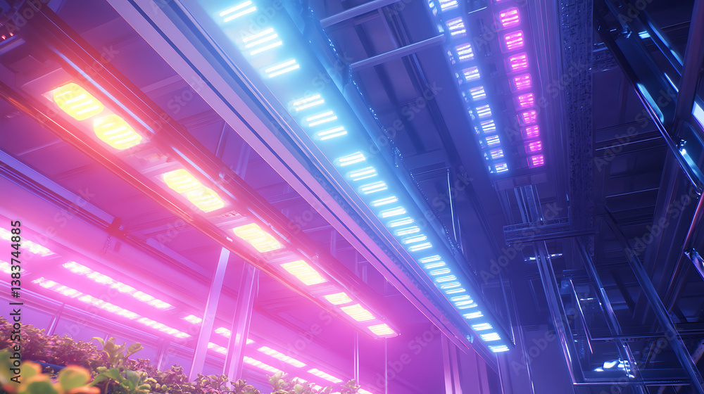 Poster Vertical farming in an indoor agriculture setting using hydroponics, energy-efficient led lights, and automated systems for enhanced productivity