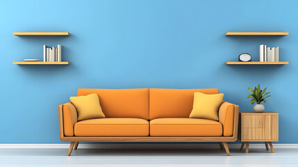 Vibrant orange sofa near blue wall with wooden cabinet and shelves, scandinavian interior design of modern stylish living room
