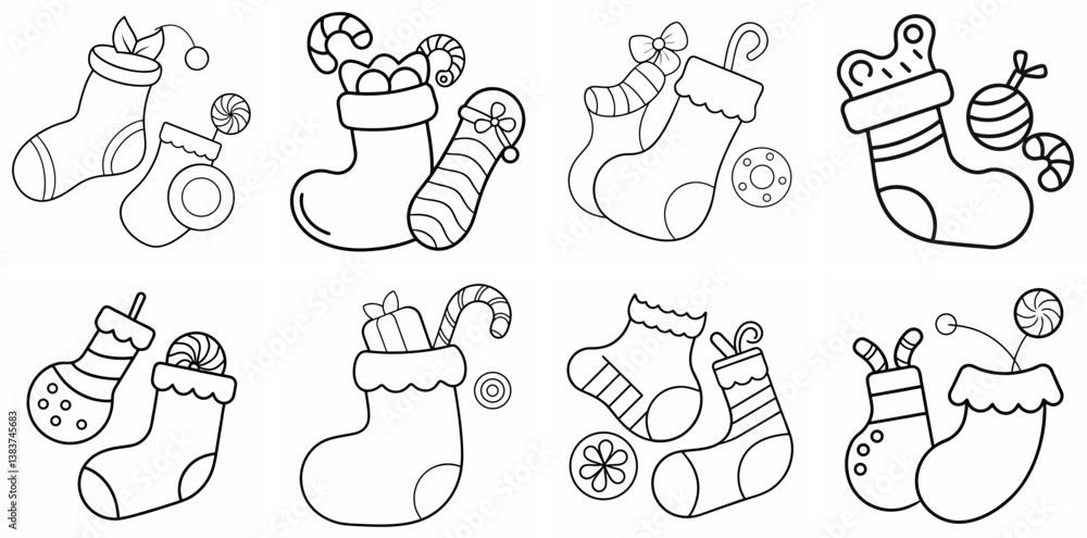 Aufkleber stocking and candy outline vector set – line art drawing for coloring book page on white background