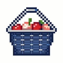 Fototapeta premium Pixel Art Basket with Apples and Peaches Retro Fruit Illustration in 8 Bit Style