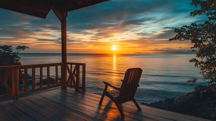 View of the sunset over the sea from the wooden veranda with an armchair