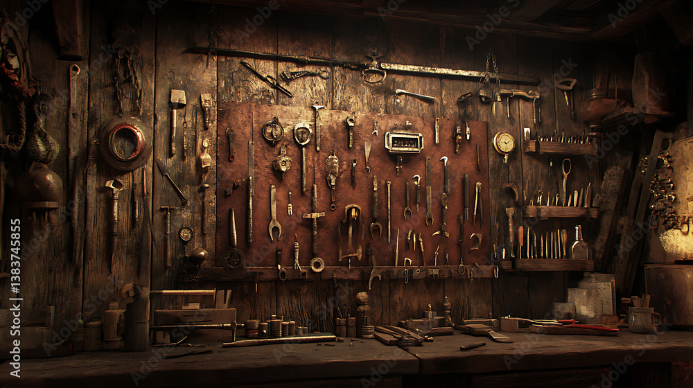 Poster wall in the workshop displaying numerous tools