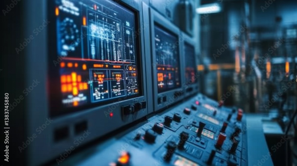 Poster advanced control systems monitoring industrial facility digital displays high-tech environment close
