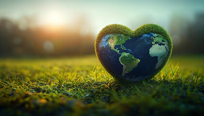Heart-shaped Earth globe on mossy grass. Ideal for Earth Day, environmental awareness, conservation, sustainability projects, or global unity campaigns.