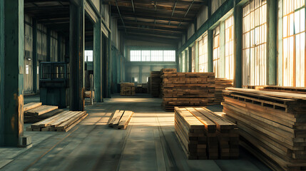 Warehouse at sawmill with wooden planks