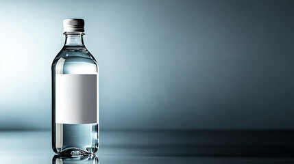 Water bottle with blank label on a reflective surface, marketing and design mockup