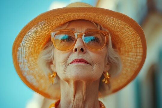 Elderly woman with bright sunglasses and orange hat walking outdoors on a sunny day in a vibrant urban area