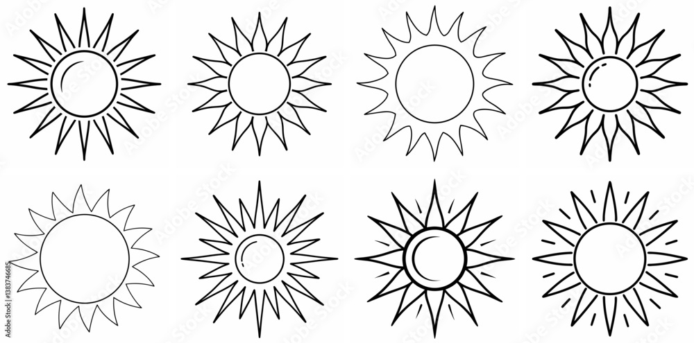 Aufkleber sun outline vector set – line art drawing for coloring book page on white background