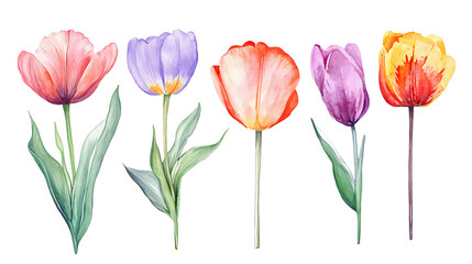 Obraz premium Watercolor flowers, flat hand-drawn illustration isolated on white background