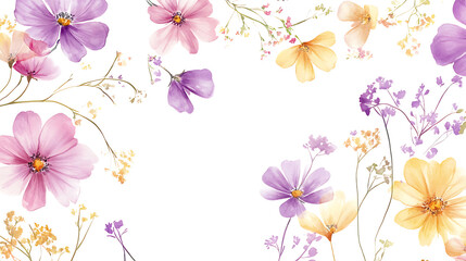 Watercolor floral clipart, featuring pink, purple, and yellow flowers on a white background the designs are simple and cute, with various watercolor flower designs in different sizes