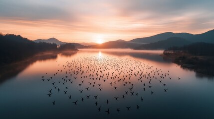 Fototapeta premium Sunrise over tranquil lake filled with flocks of birds practicing their morning dance in the misty dawn light Generative AI