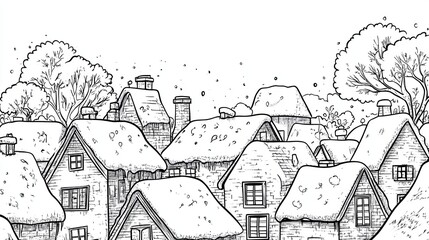 Obraz premium Snow-Covered Village Scene with Charming Rooftops and Trees in Winter Atmosphere for Coloring BookPage