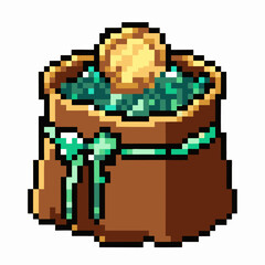 Obraz premium Retro Pixel Art Coin Bag Filled with Gold and Gems for Gaming Design