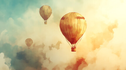 Fototapeta premium Watercolor of diverse hot air balloon on the sky illustration