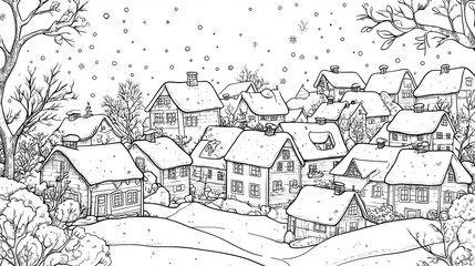 Obraz premium Snowy Village Scene with Houses and Trees Under Falling Snowflakes Black and White Coloring Page