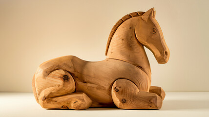 Wooden horse sculpture on display