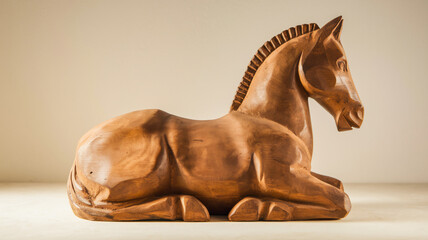 Carved wooden horse sculpture resting on a surface