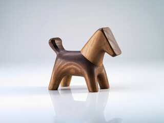 Wooden dog sculpture on reflective surface