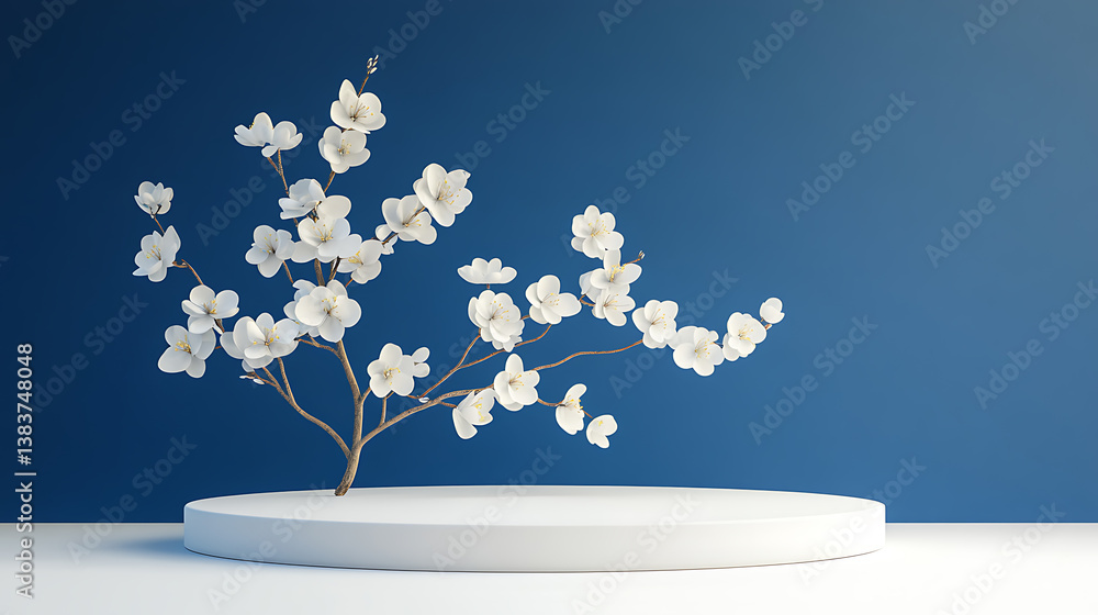 Poster white flowers on a branch on a round white color pedestal and a blue background for product display 