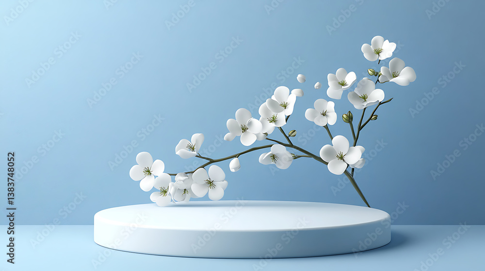 Poster white flowers on a branch on a round white color pedestal and a blue background for product display 