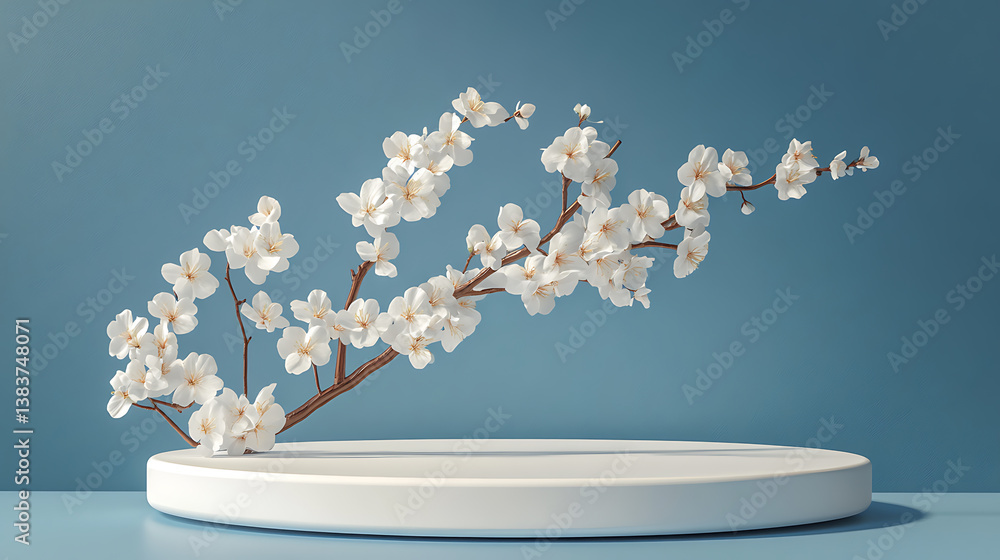Poster white flowers on a branch on a round white color pedestal and a blue background for product display 