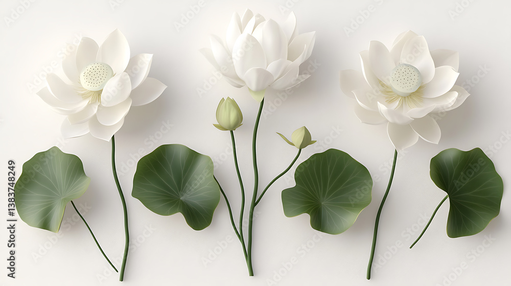 Aufkleber white lotus flower blooms on the background of white canvas, 3d rendering
