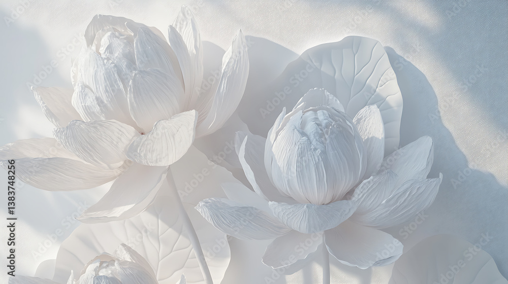 Poster white lotus flower blooms on the background of white canvas, 3d rendering