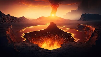 Fototapeta premium Volcano erupts, sunrise over caldera. Crater glowing, desolate landscape, mountains in distance, smoky sky