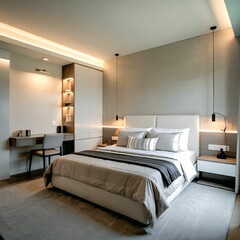 Modern Neutral Bedroom with Elegant Décor and Built-in Storage – Perfect for Real Estate & Interior Design