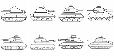 Tank Outline Coloring Book Page Line Art Drawing Set