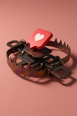 The Social Media Trap - Close-up shot of a 3D rendered image depicting a rusty metal bear trap with a stylized red heart-shaped icon, suggestive of a social media "like" button.