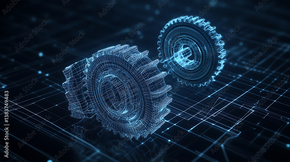 Poster Wireframe abstract illustration with two gears on a dark blue background, mechanical technology machine engineering symbol, industrial development, engine works, business solution
