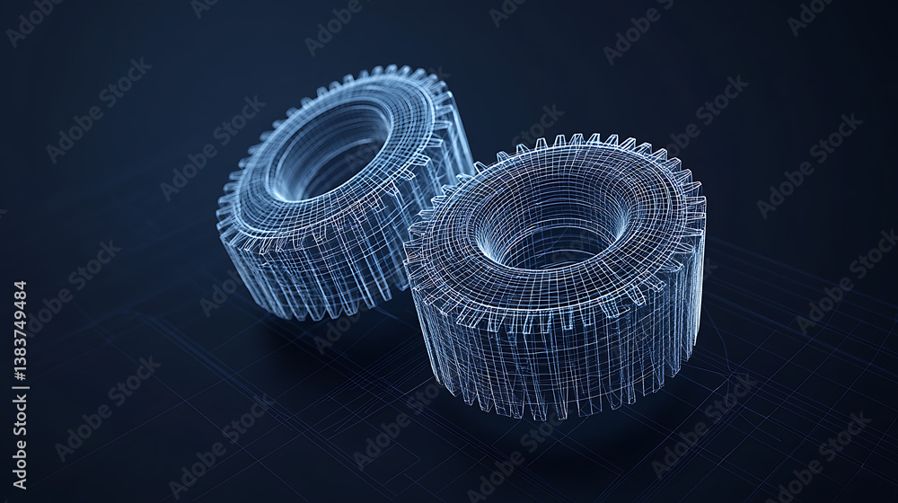 Aufkleber wireframe abstract illustration with two gears on a dark blue background, mechanical technology mach