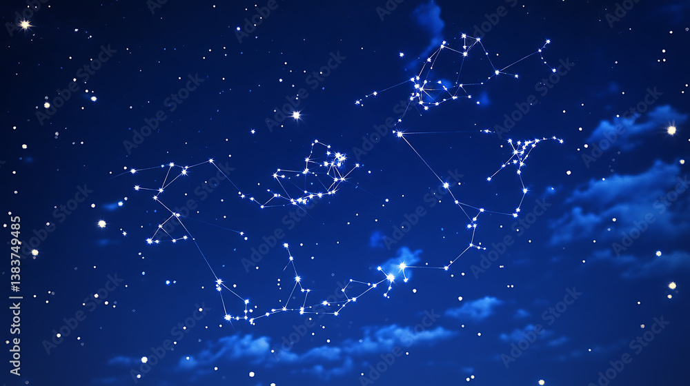Poster wireframe mesh with crumbling edges, looking like constellations on blue night skies with points and