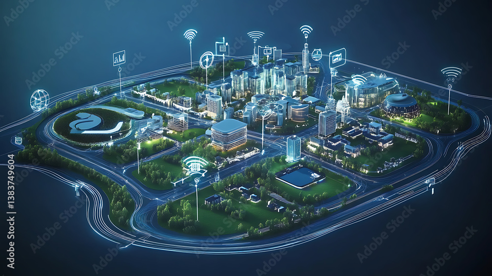 Poster Wireless communication network and smart city, abstract image visual, internet of things