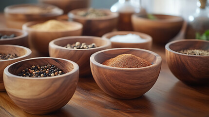 Wooden bowls with various spices on the wooden table